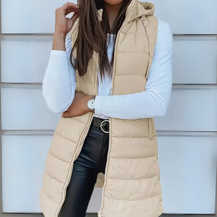 Long Puffer Vest with Hood and Zip Front in beige
