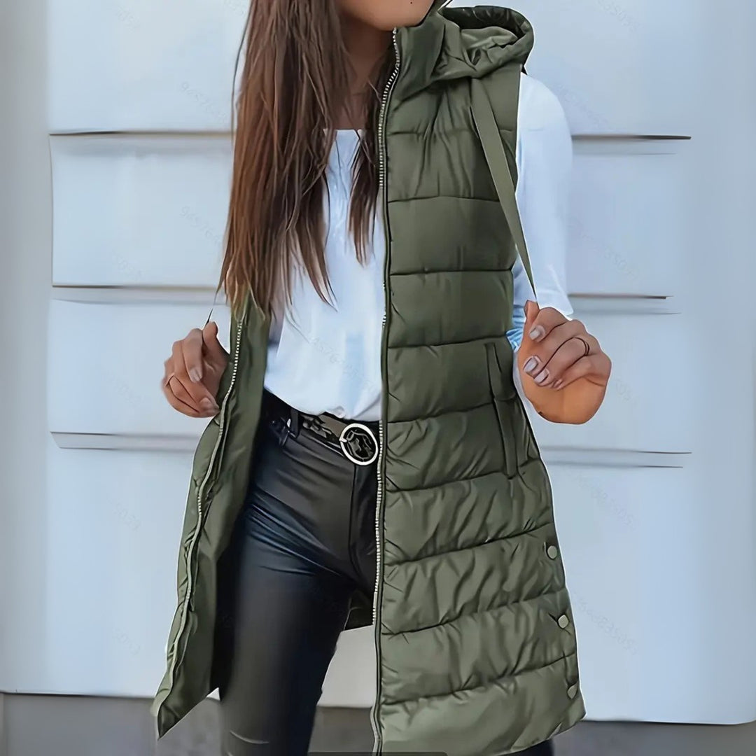 Long Puffer Vest with Hood and Zip Front in army green