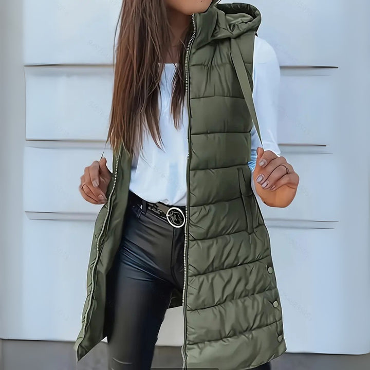 Long Puffer Vest with Hood and Zip Front in army green
