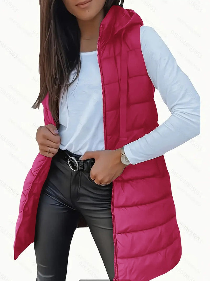 Long Puffer Vest with Hood and Zip Front in fuchsia