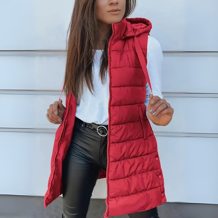 Long Puffer Vest with Hood and Zip Front in red