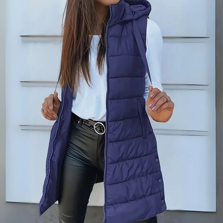 Long Puffer Vest with Hood and Zip Front in navy blue
