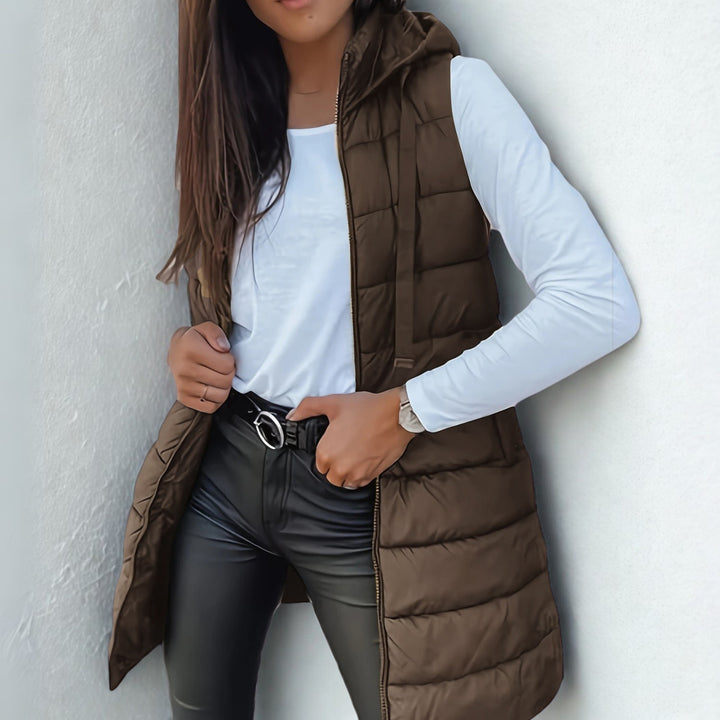 Long Puffer Vest with Hood and Zip Front in brown