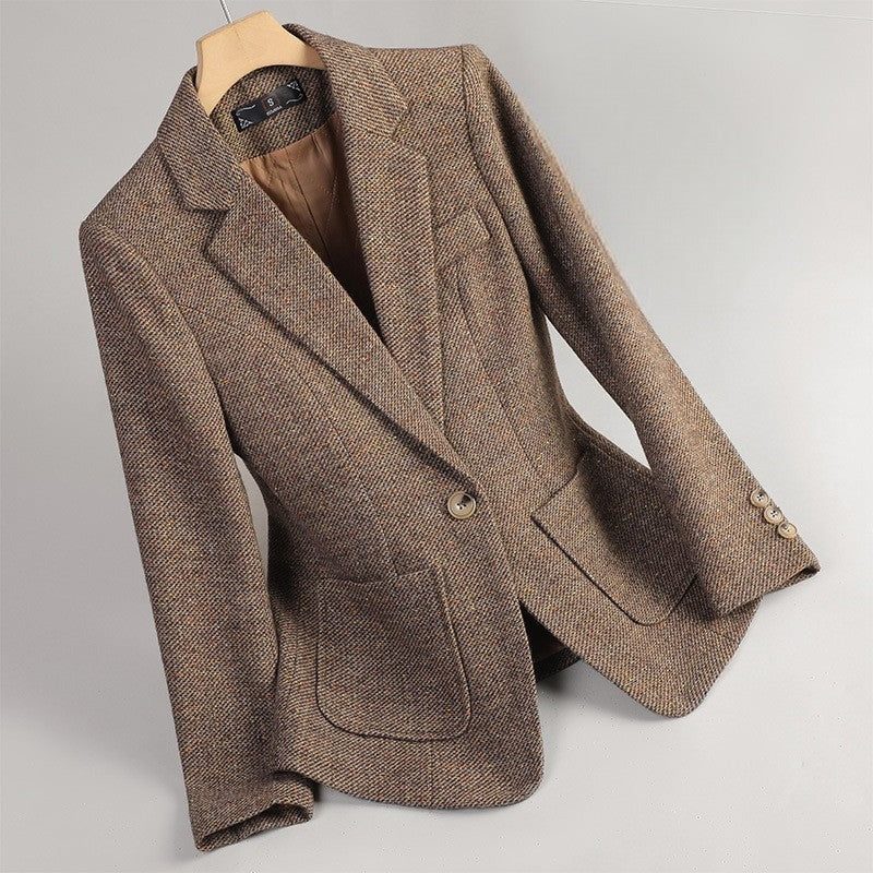 Wool Blazer with Patch Pockets and Two Buttons in brown