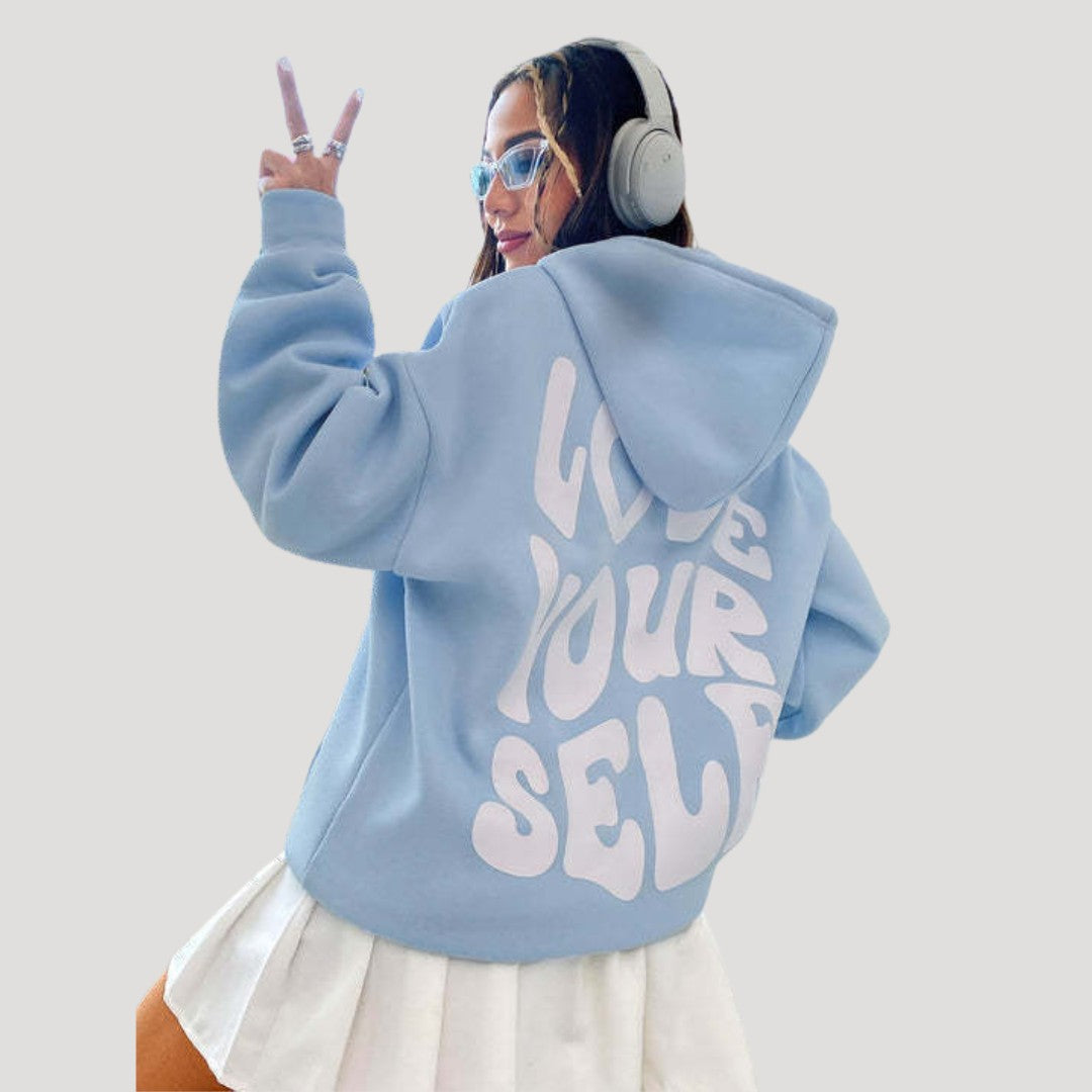 Slogan Print Hoodie for Women in blue