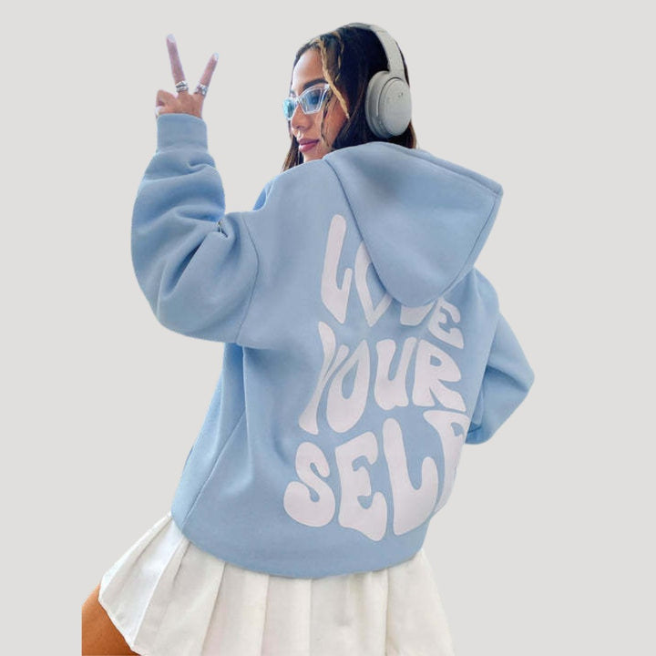 Slogan Print Hoodie for Women in blue