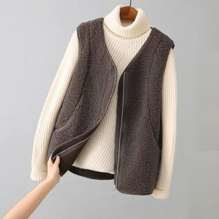 Fleece Vest with Zip Front and Side Pockets in brown