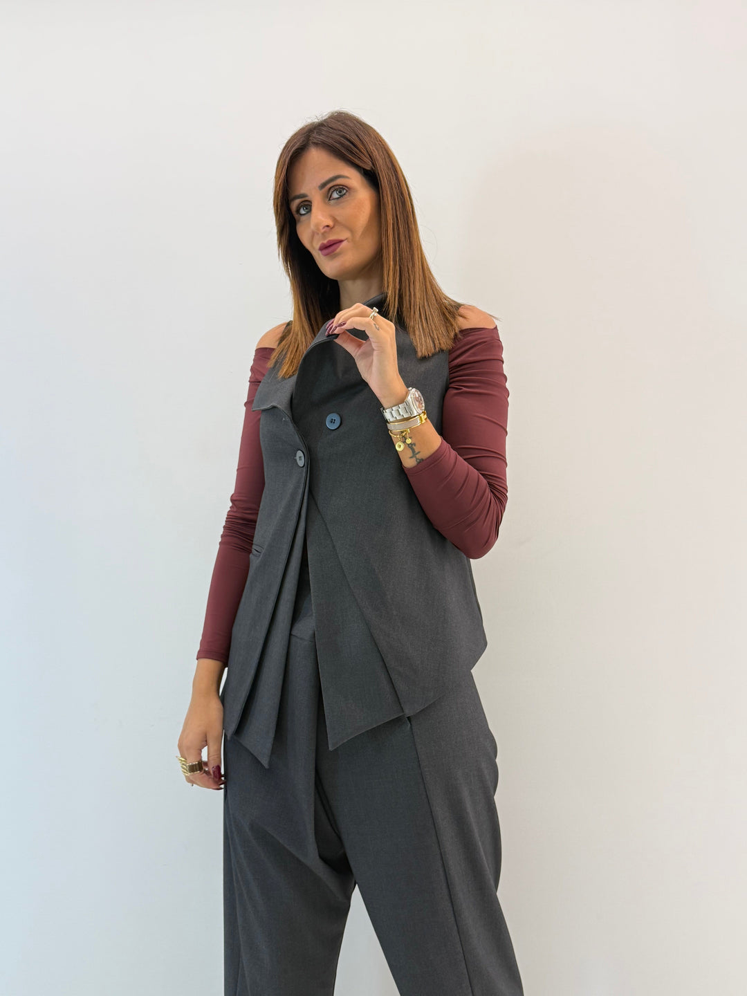 Asymmetric Vest with Draped Front and Buttons in grey