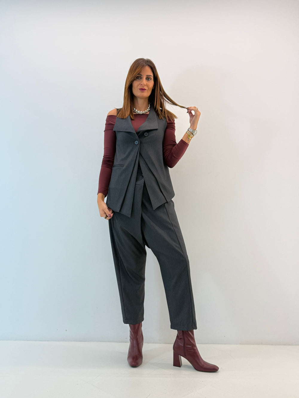 Asymmetric Vest with Draped Front and Buttons