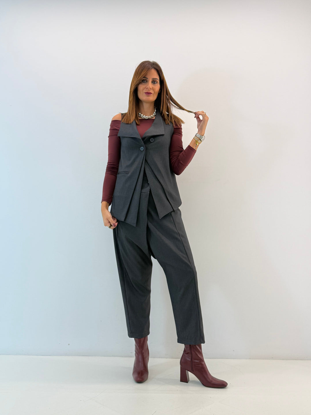 Asymmetric Vest with Draped Front and Buttons
