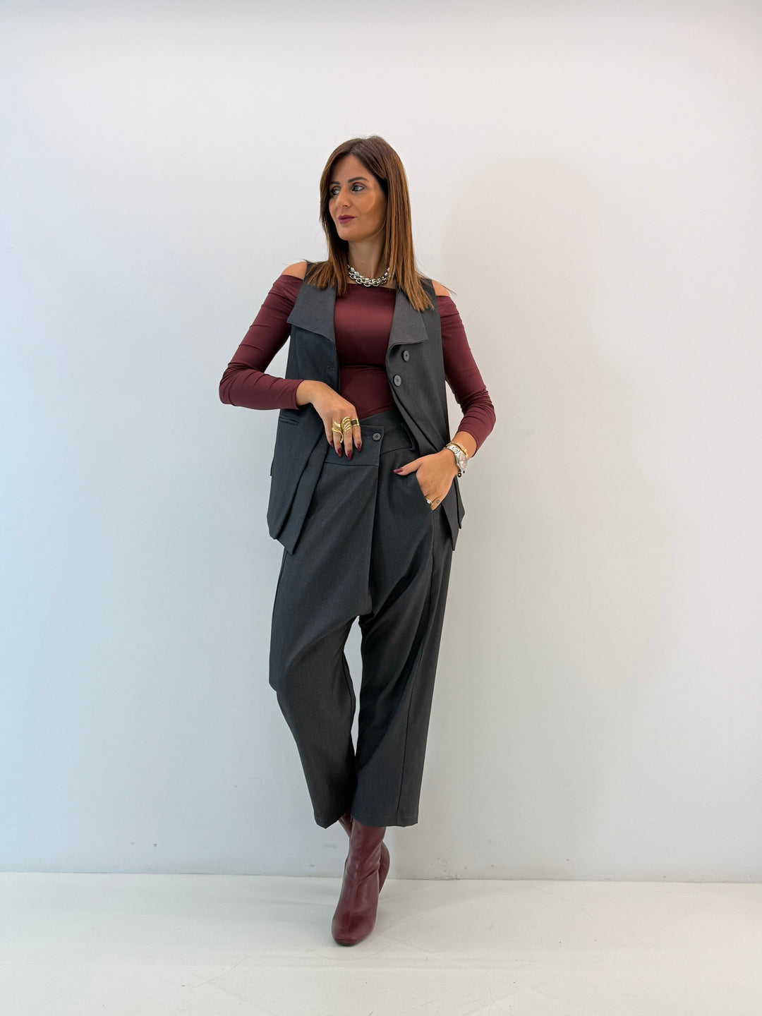 Asymmetric Vest with Draped Front and Buttons