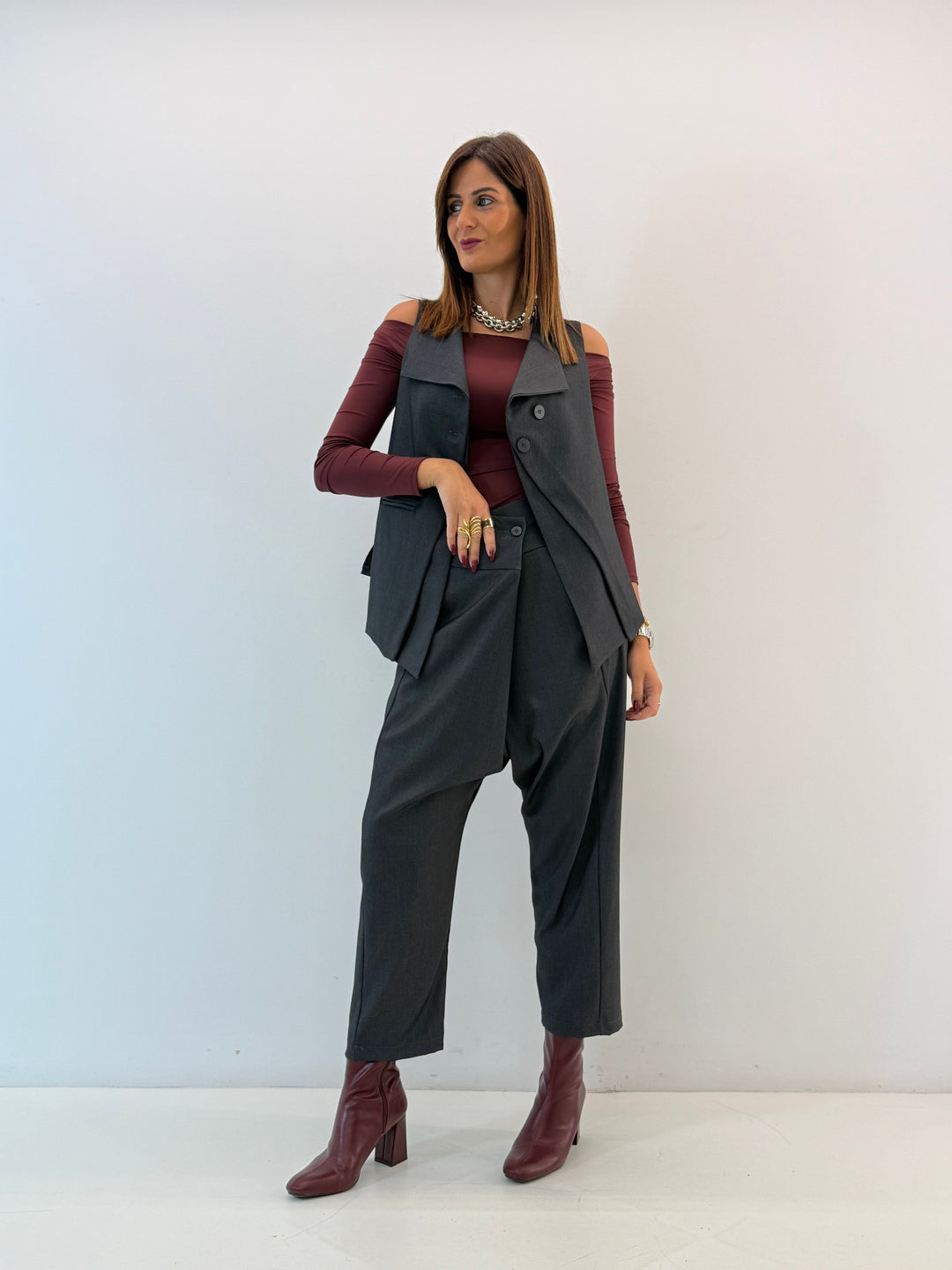 Asymmetric Vest with Draped Front and Buttons