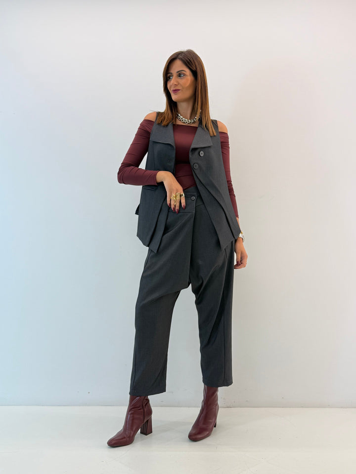 Asymmetric Vest with Draped Front and Buttons