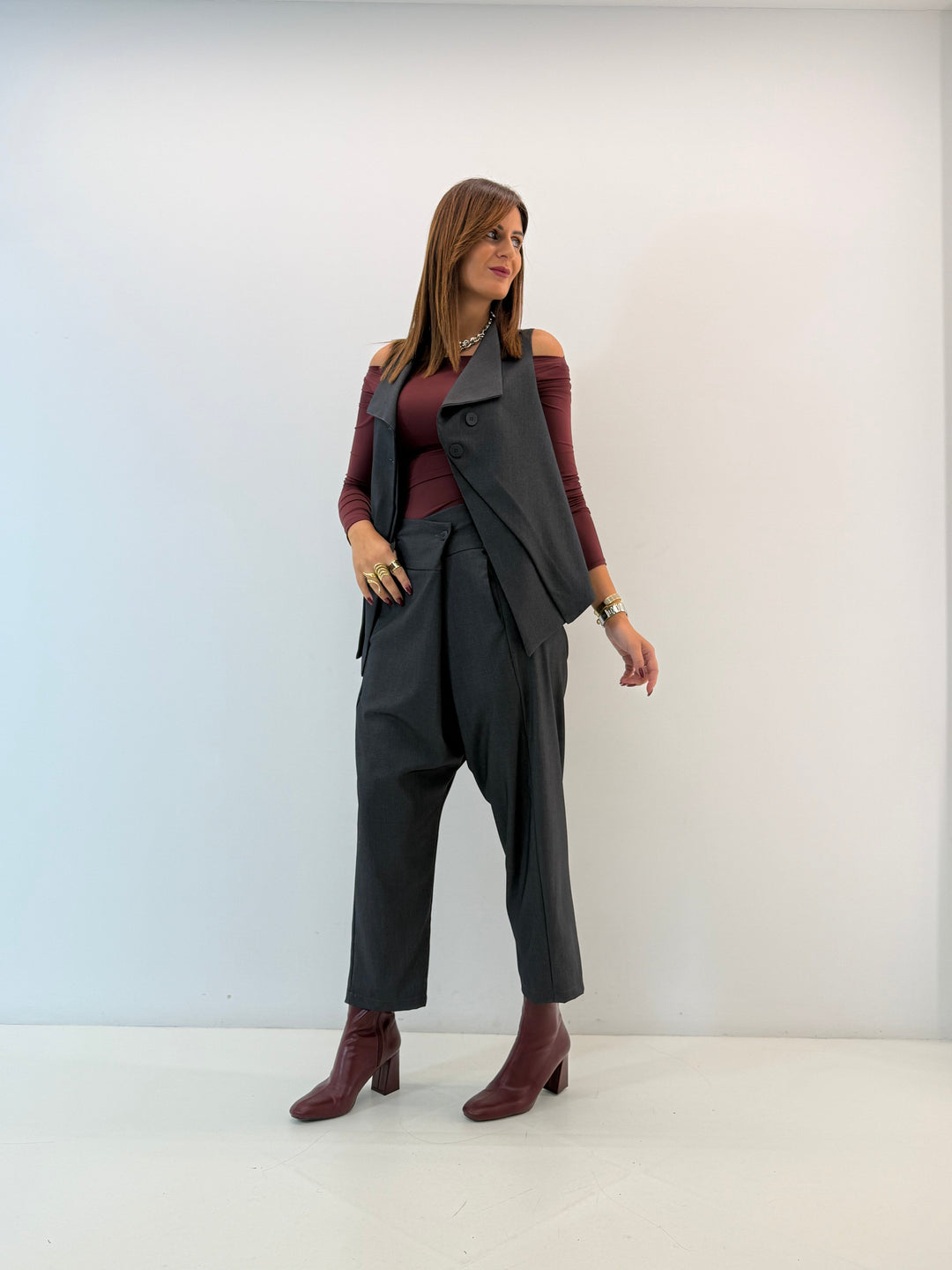 Asymmetric Vest with Draped Front and Buttons