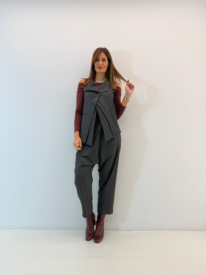 Asymmetric Vest with Draped Front and Buttons