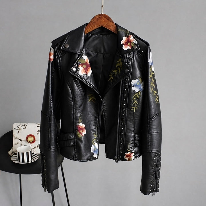 Tessa embroidered leather biker jacket — image 1
