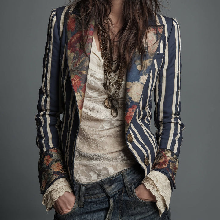 Mixed Print Striped Blazer with Lace Cuffs in navy blue