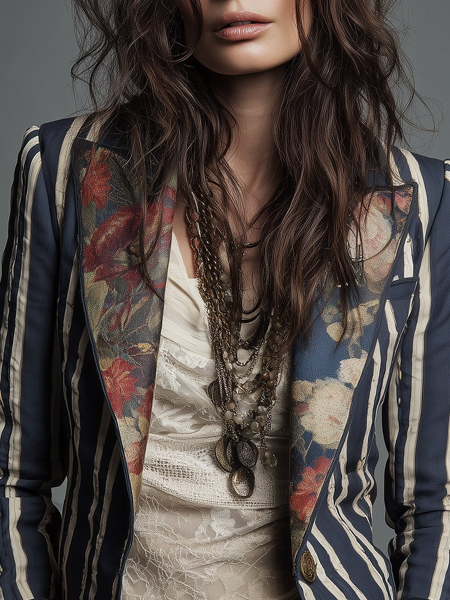Mixed Print Striped Blazer with Lace Cuffs