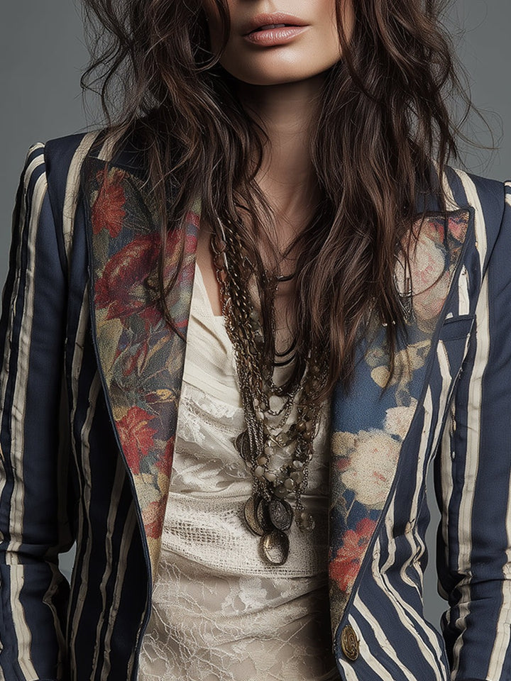Mixed Print Striped Blazer with Lace Cuffs