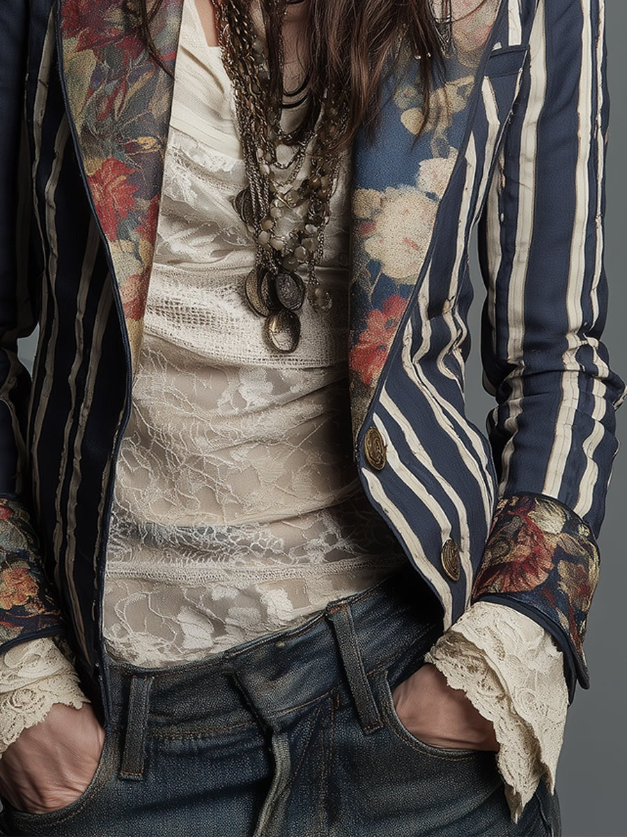 Mixed Print Striped Blazer with Lace Cuffs