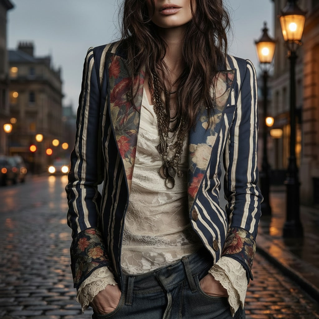 Mixed Print Striped Blazer with Lace Cuffs