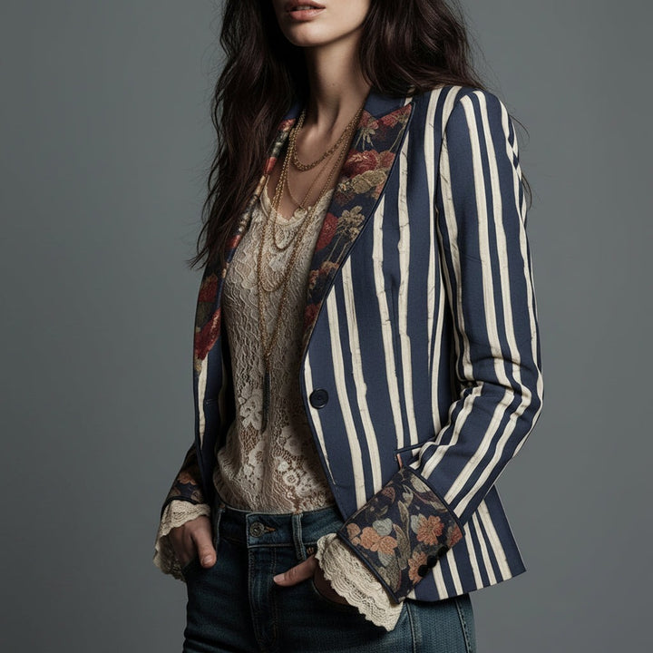 Mixed Print Striped Blazer with Lace Cuffs