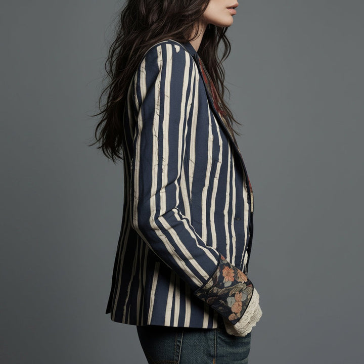 Mixed Print Striped Blazer with Lace Cuffs