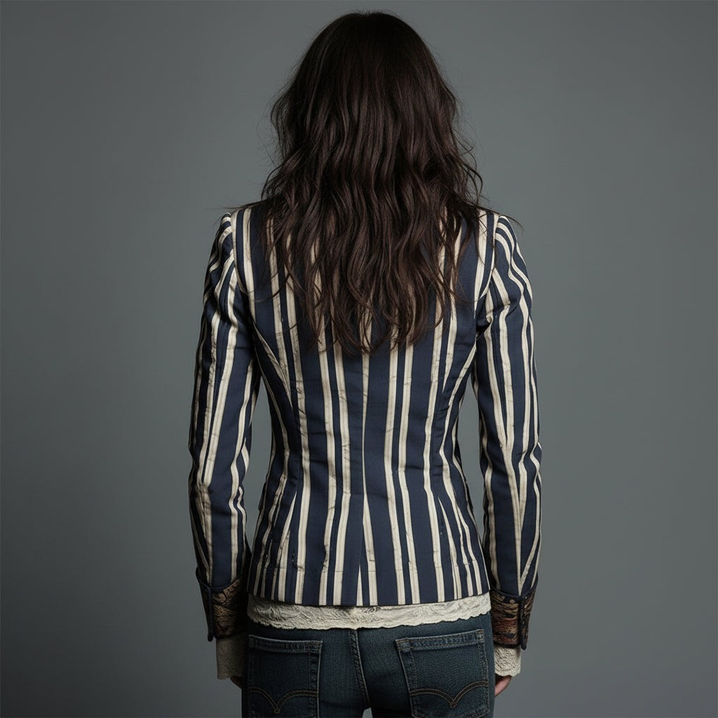 Mixed Print Striped Blazer with Lace Cuffs