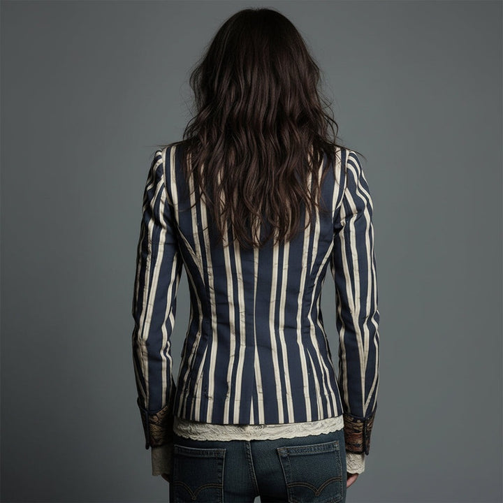 Mixed Print Striped Blazer with Lace Cuffs