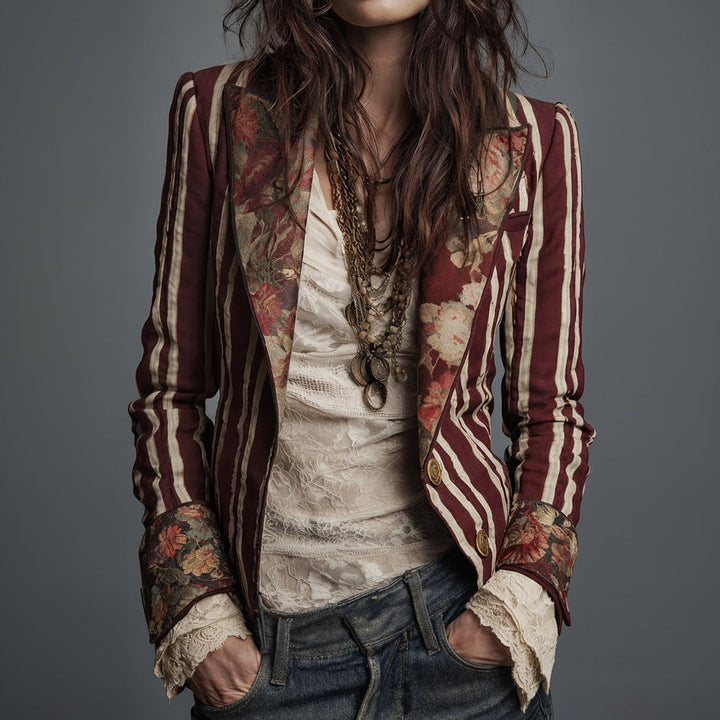 Mixed Print Striped Blazer with Lace Cuffs