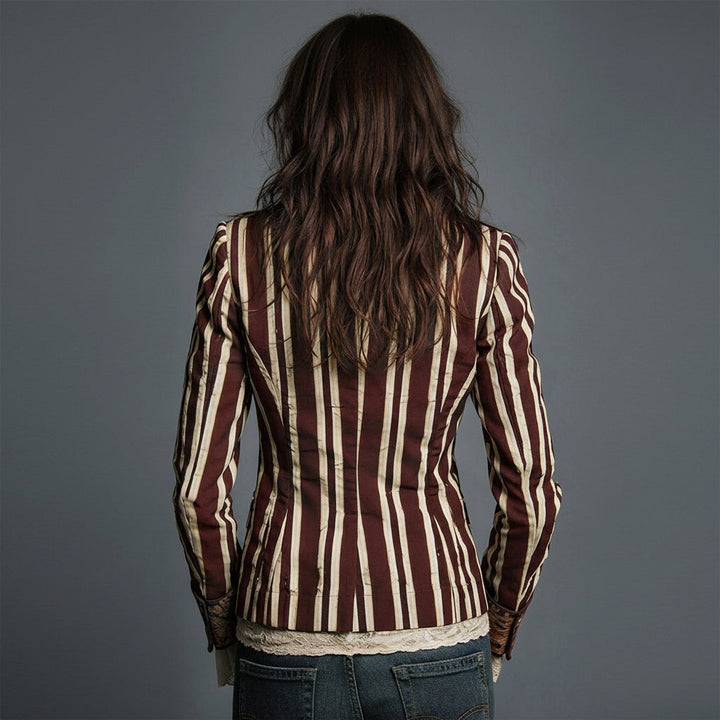 Mixed Print Striped Blazer with Lace Cuffs in claret