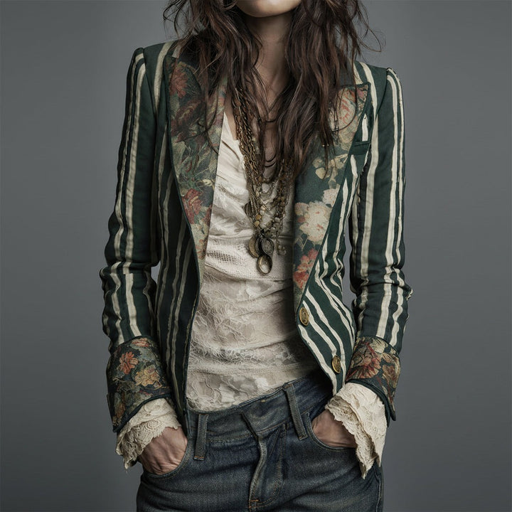 Mixed Print Striped Blazer with Lace Cuffs in dark green