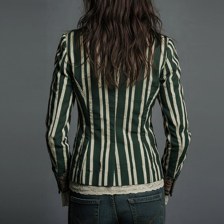 Mixed Print Striped Blazer with Lace Cuffs
