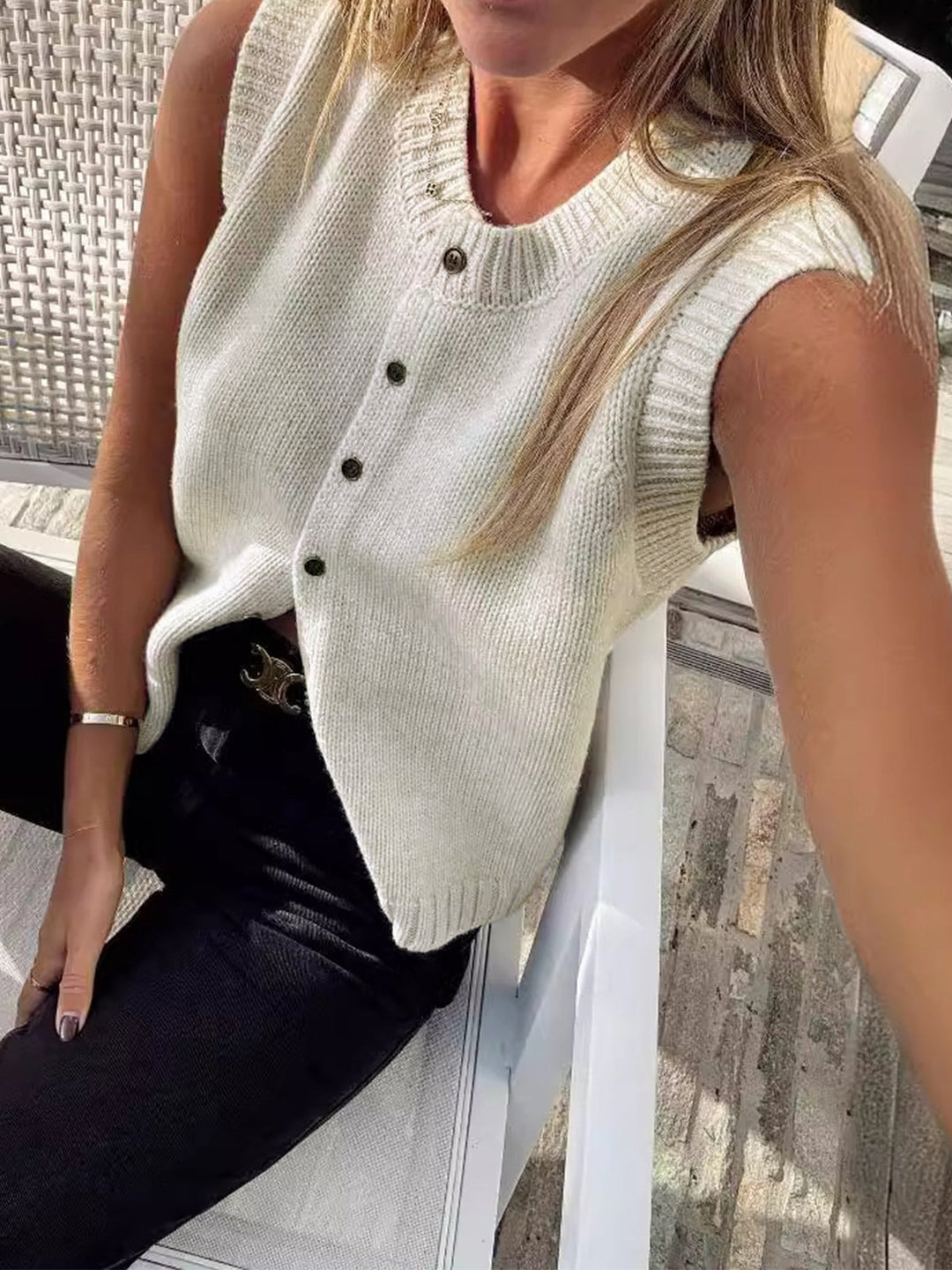 Sweater Vest with Button Front and Ribbed Trim in apricot