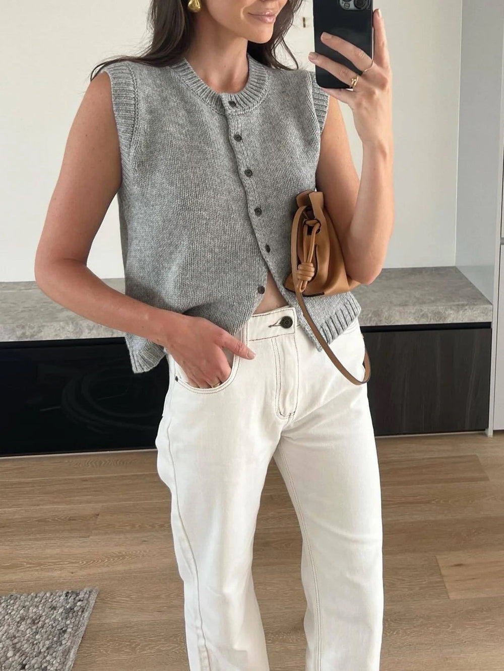 Sweater Vest with Button Front and Ribbed Trim