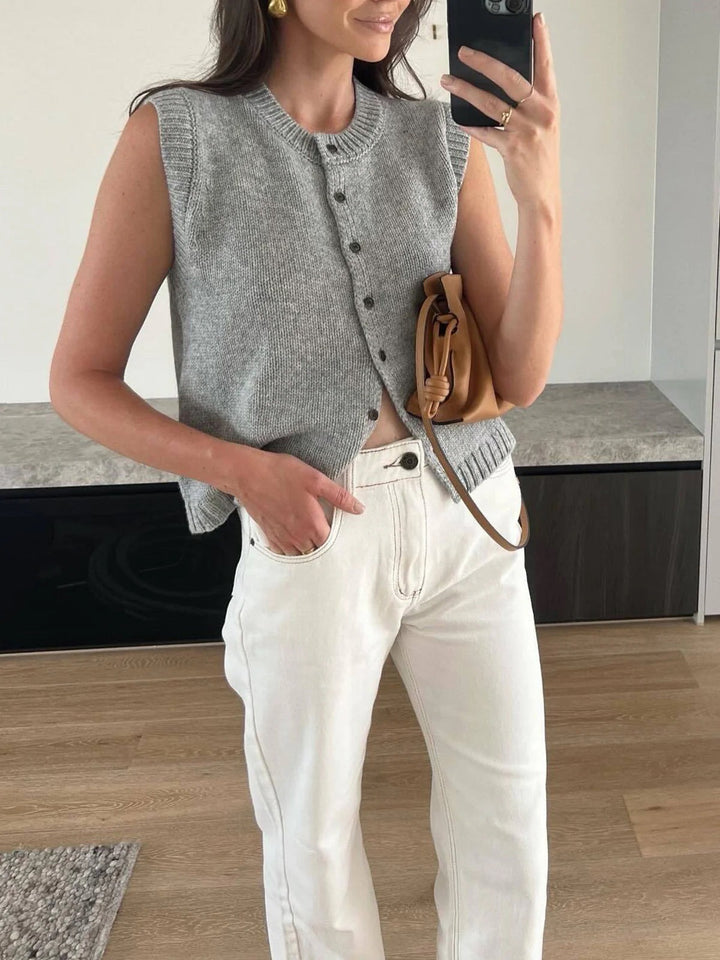 Sweater Vest with Button Front and Ribbed Trim