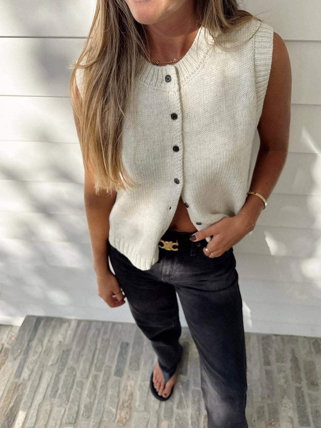 Sweater Vest with Button Front and Ribbed Trim