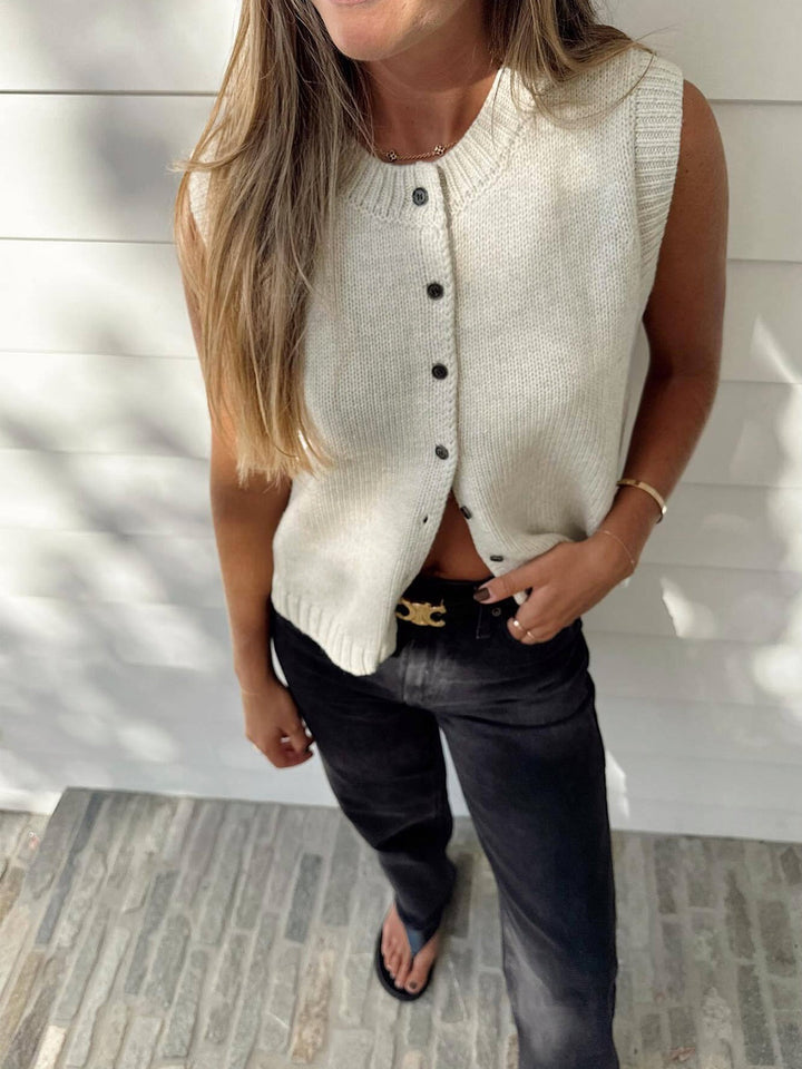 Sweater Vest with Button Front and Ribbed Trim