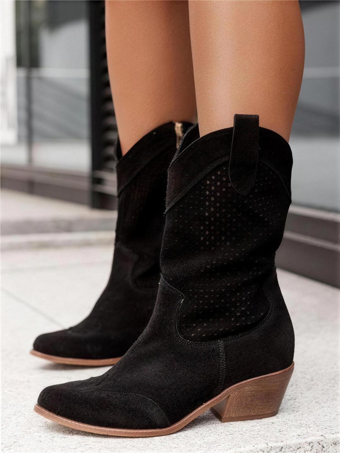 Perforated Western Ankle Boots — ankle boots for women in black