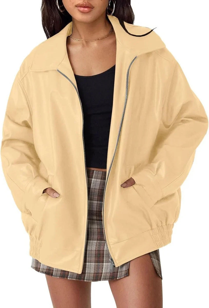 Spread Collar Leather Oversized Bomber Jacket for women - view 10