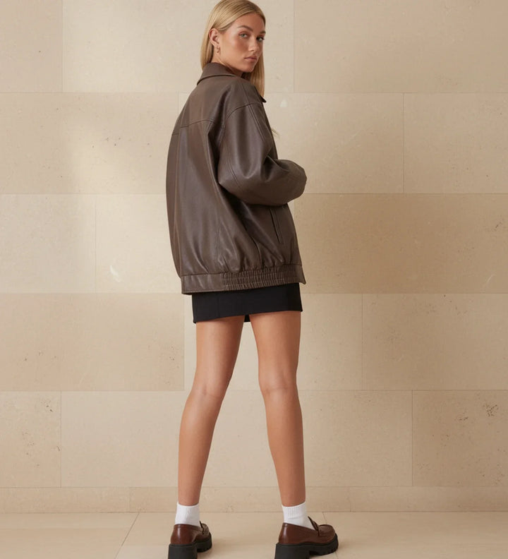Oversized Zip-Up Leather Bomber Jacket for women - view 3