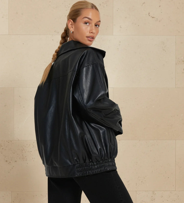 Oversized Zip-Up Leather Bomber Jacket for women - view 5