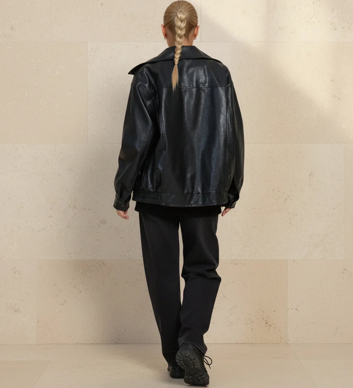 Oversized Zip-Up Leather Bomber Jacket for women - view 6