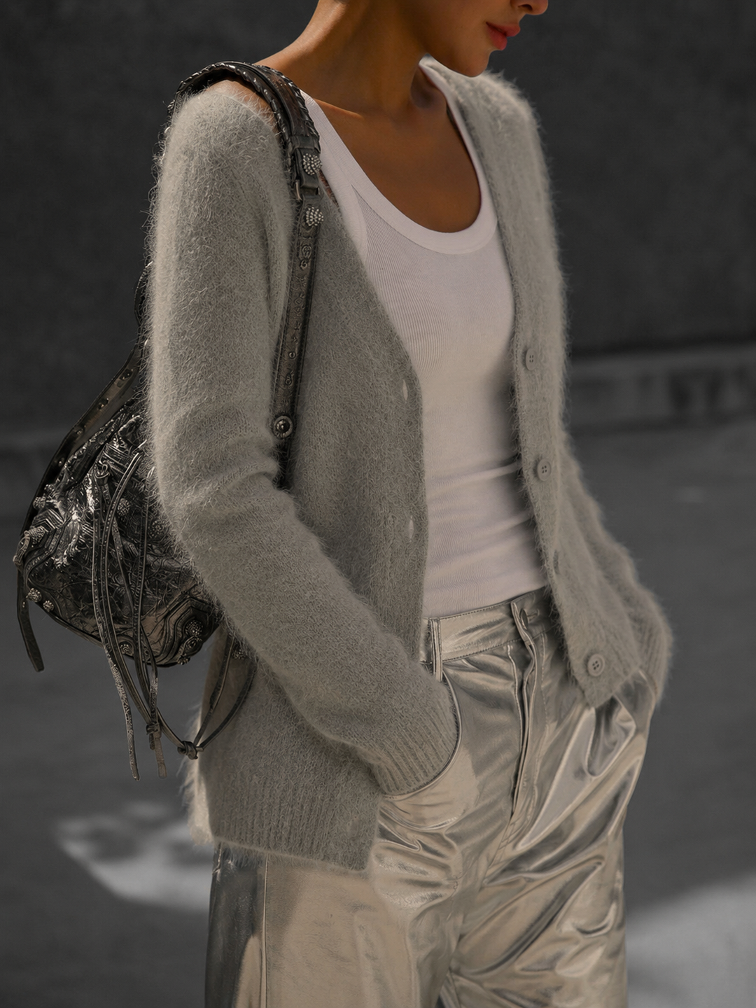 Emeline Oversized Button Up Knitted Cardigan for Women in Grey