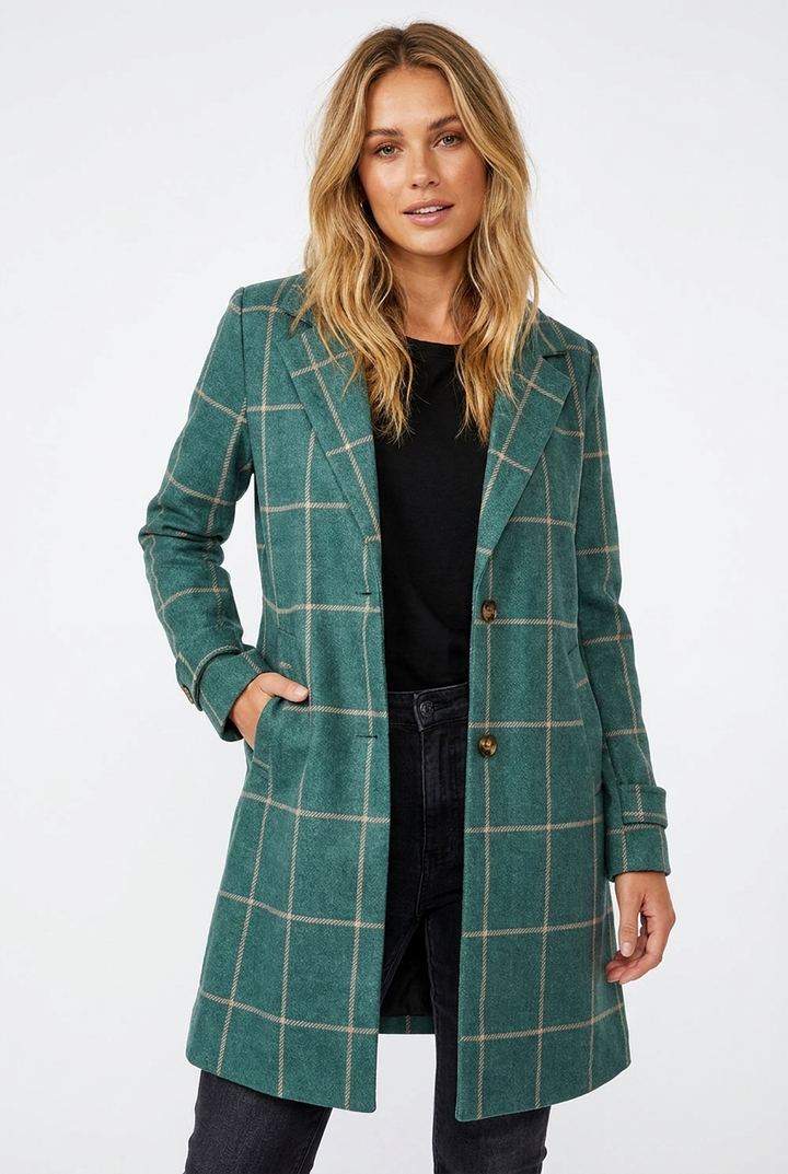 Faustine Checkered Trench Coat Lapel Longline Belted for Women, view 3