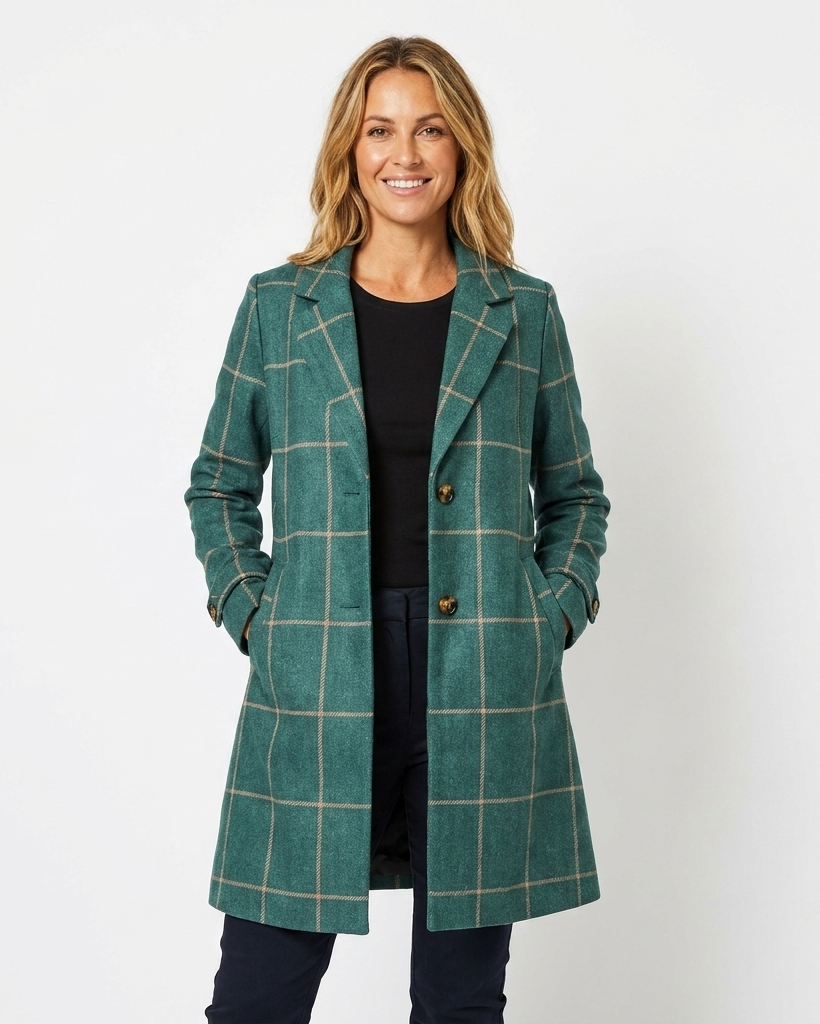 Faustine Checkered Trench Coat Lapel Longline Belted for Women in Green
