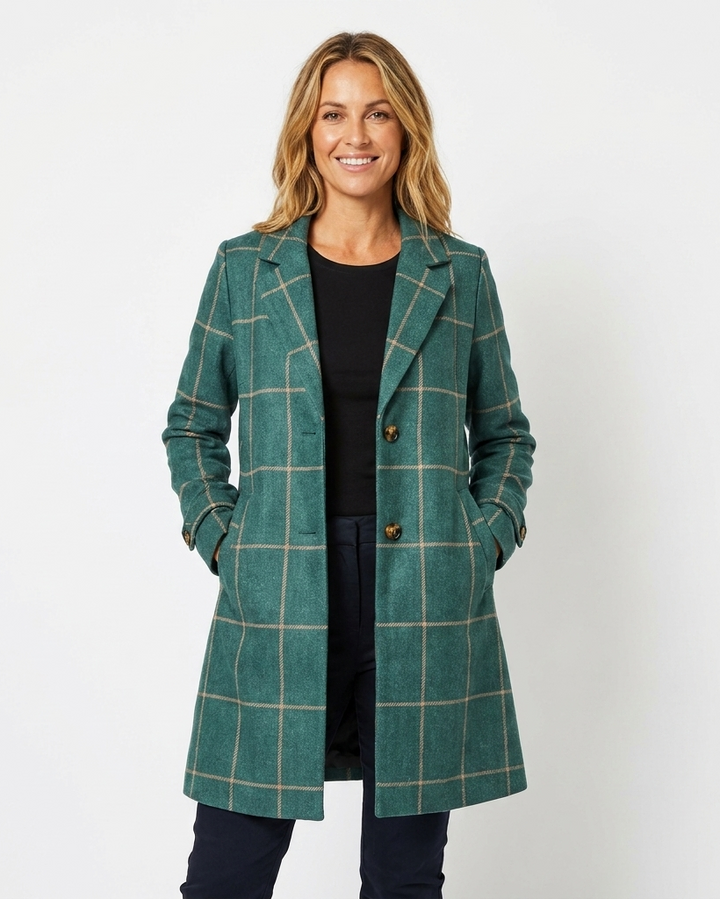 Faustine Checkered Trench Coat Lapel Longline Belted for Women in Green