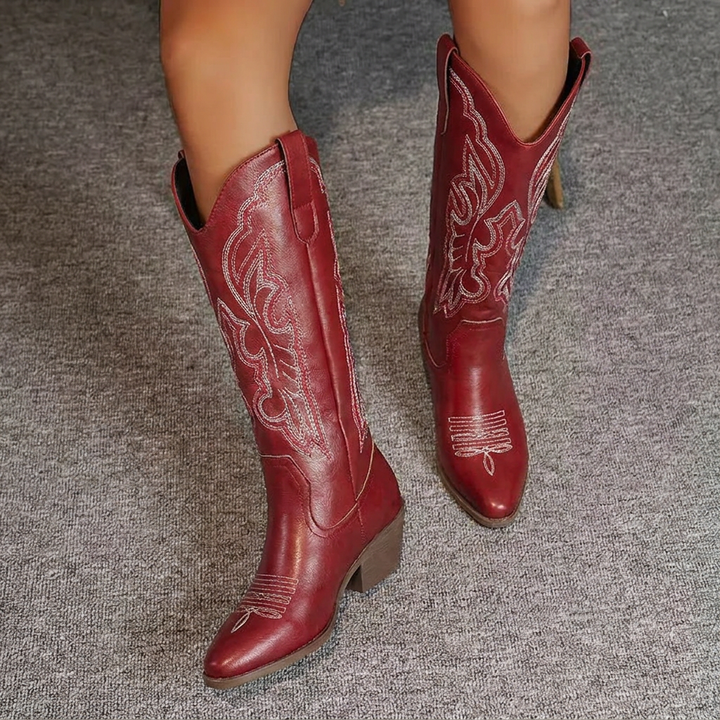 Embroidered Block Heel Cowgirl Boots — cowboy boots for women in black