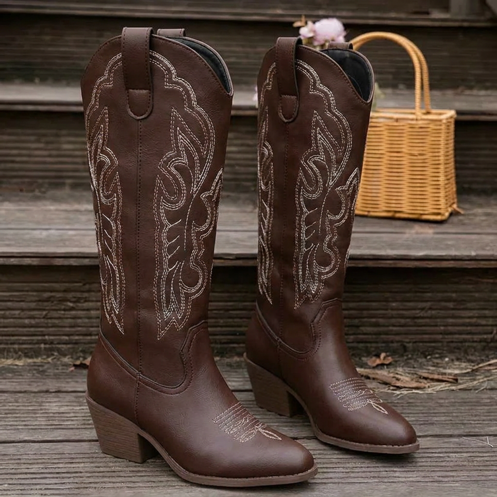 Embroidered Block Heel Cowgirl Boots — cowboy boots for women in brown