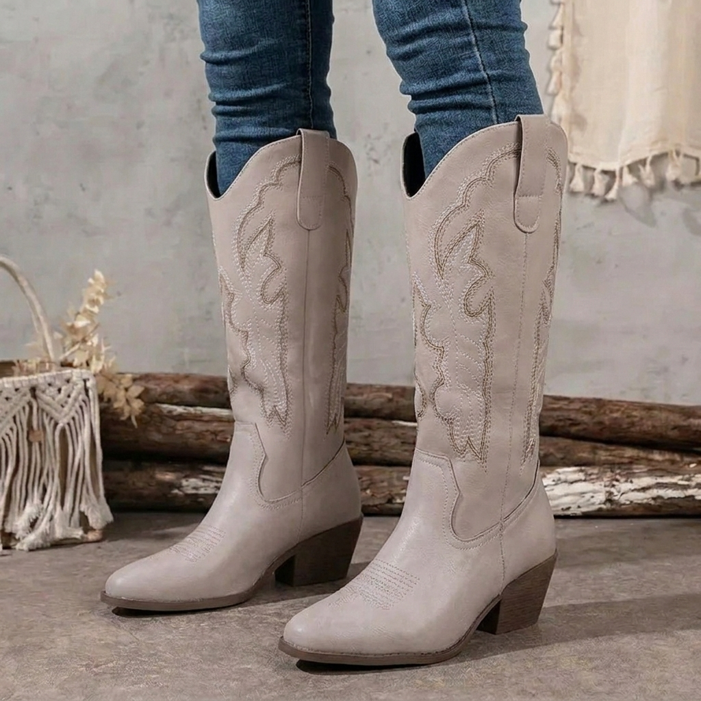 Embroidered Block Heel Cowgirl Boots — cowboy boots for women in brown